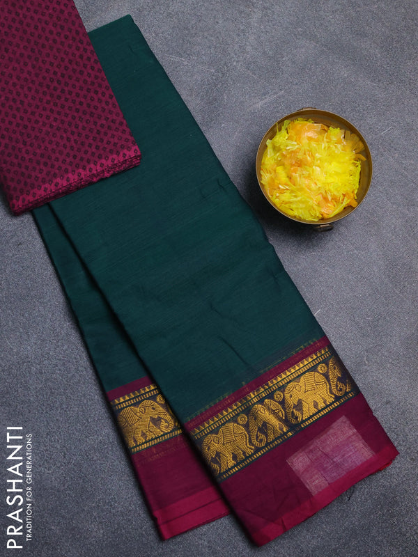Chettinad cotton saree bottle green and wine shade with plain body and zari woven simple border