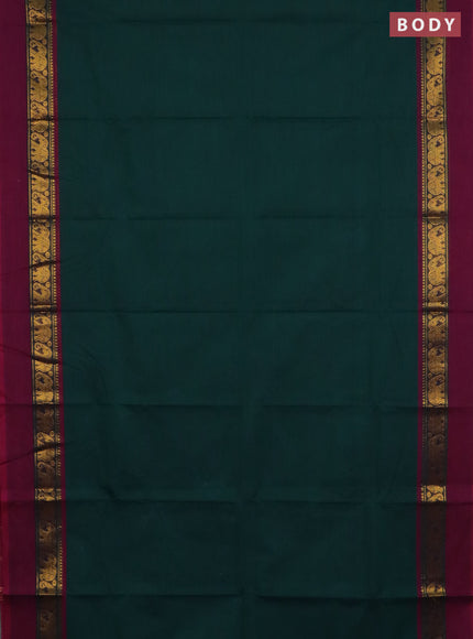 Chettinad cotton saree bottle green and wine shade with plain body and zari woven simple border