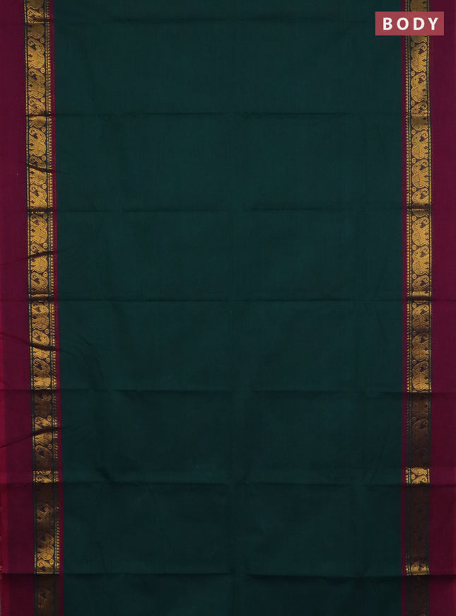 Chettinad cotton saree bottle green and wine shade with plain body and zari woven simple border