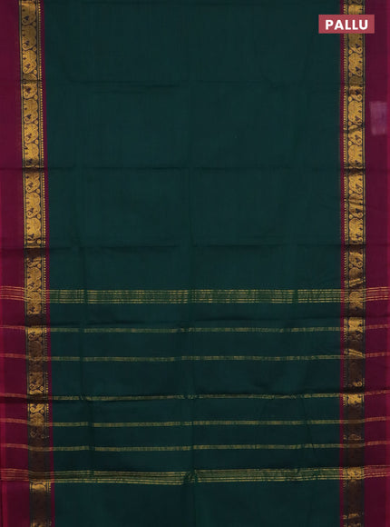 Chettinad cotton saree bottle green and wine shade with plain body and zari woven simple border