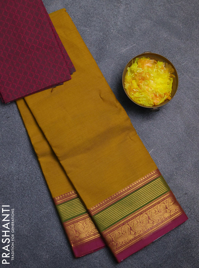 Chettinad cotton saree mustard yellow and pink with plain body and zari woven border