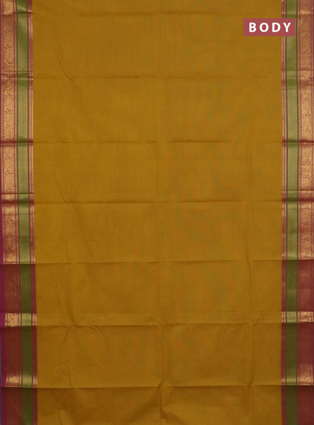 Chettinad cotton saree mustard yellow and pink with plain body and zari woven border