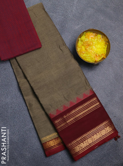 Chettinad cotton saree chikku shade and deep maroon with plain body and temple design rettapet zari woven border