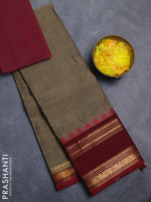 Chettinad cotton saree chikku shade and deep maroon with plain body and temple design rettapet zari woven border