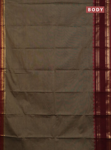 Chettinad cotton saree chikku shade and deep maroon with plain body and temple design rettapet zari woven border
