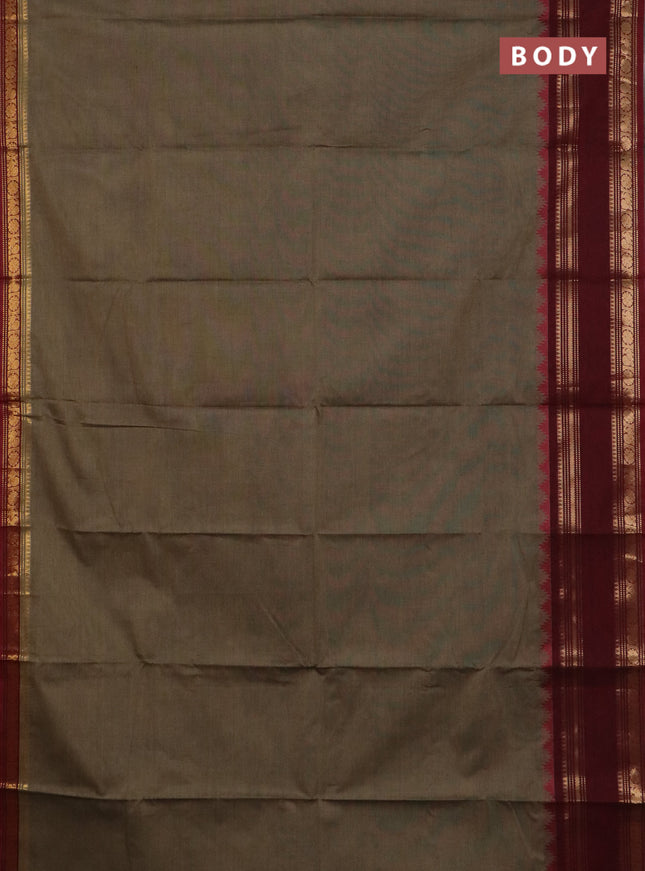 Chettinad cotton saree chikku shade and deep maroon with plain body and temple design rettapet zari woven border
