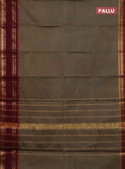 Chettinad cotton saree chikku shade and deep maroon with plain body and temple design rettapet zari woven border