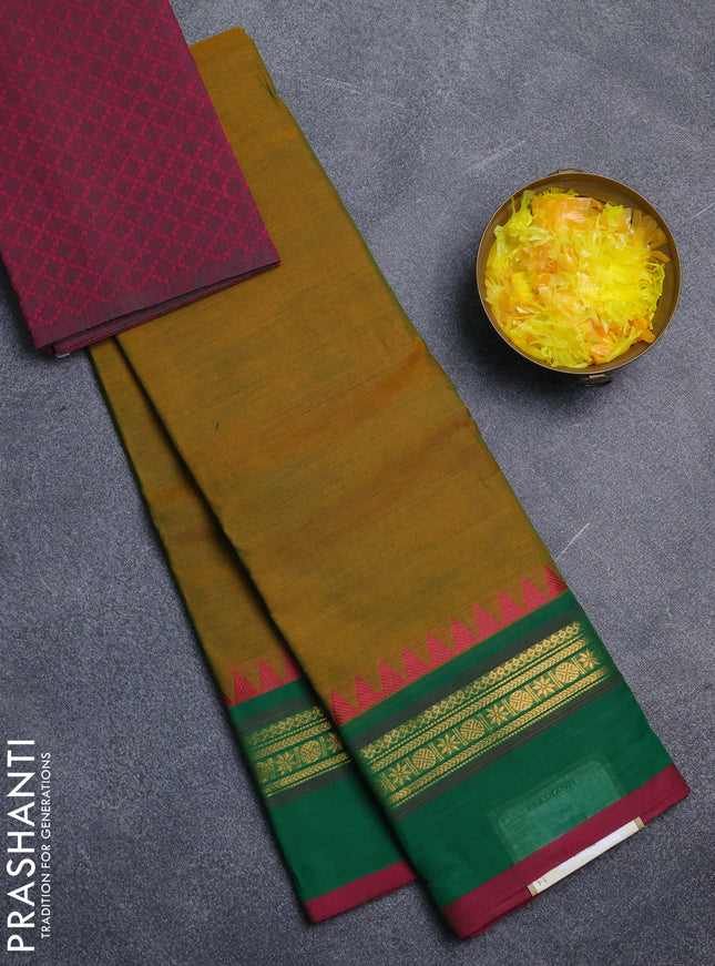 Chettinad cotton saree dual shade of mustard shade and dark pink with plain body and temple design rettapet zari woven border