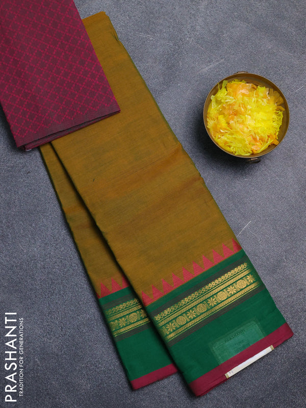 Chettinad cotton saree dual shade of mustard shade and dark pink with plain body and temple design rettapet zari woven border