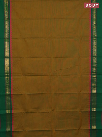 Chettinad cotton saree dual shade of mustard shade and dark pink with plain body and temple design rettapet zari woven border