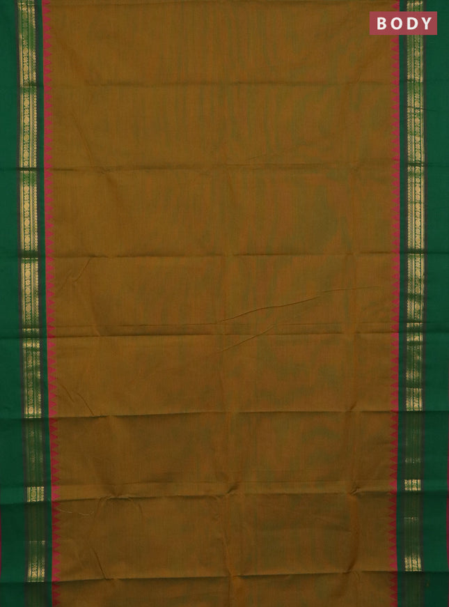 Chettinad cotton saree dual shade of mustard shade and dark pink with plain body and temple design rettapet zari woven border