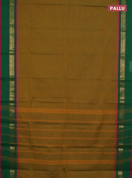 Chettinad cotton saree dual shade of mustard shade and dark pink with plain body and temple design rettapet zari woven border