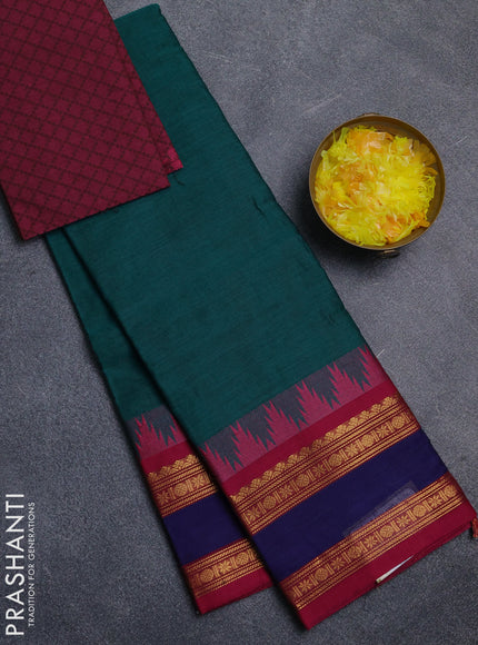 Chettinad cotton saree teal green and dark pink with plain body and temple design rettapet zari woven border