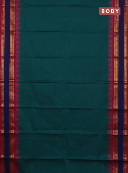 Chettinad cotton saree teal green and dark pink with plain body and temple design rettapet zari woven border