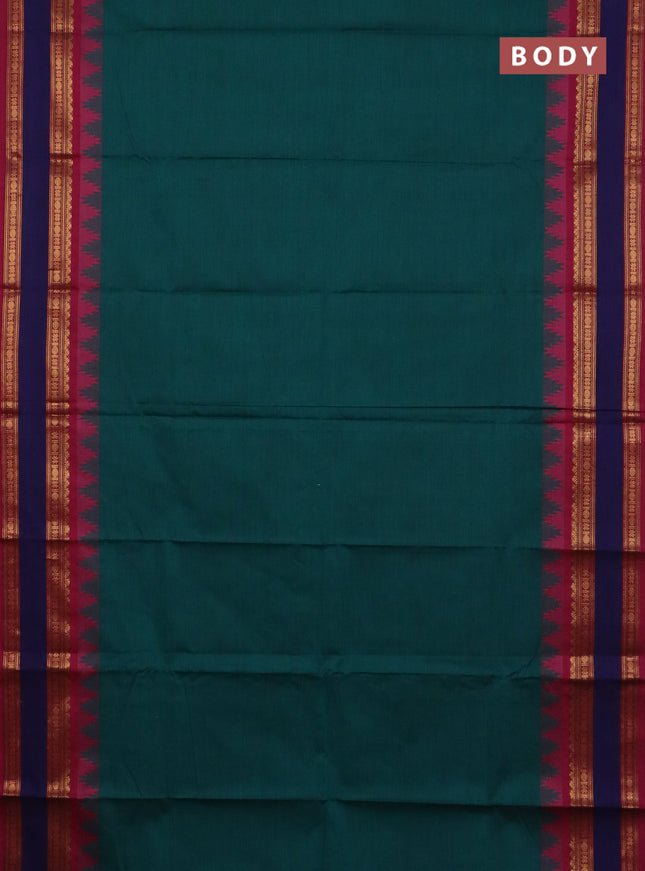 Chettinad cotton saree teal green and dark pink with plain body and temple design rettapet zari woven border