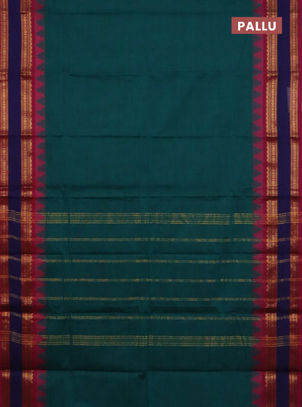 Chettinad cotton saree teal green and dark pink with plain body and temple design rettapet zari woven border