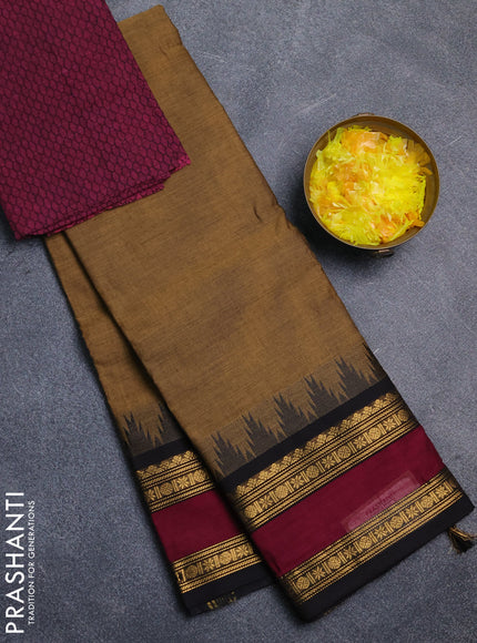 Chettinad cotton saree sandal and magenta pink with plain body and temple design rettapet zari woven border