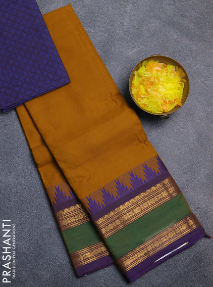 Chettinad cotton saree dark mustard and violet with plain body and temple design rettapet zari woven border
