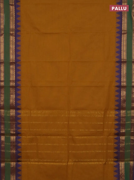 Chettinad cotton saree dark mustard and violet with plain body and temple design rettapet zari woven border