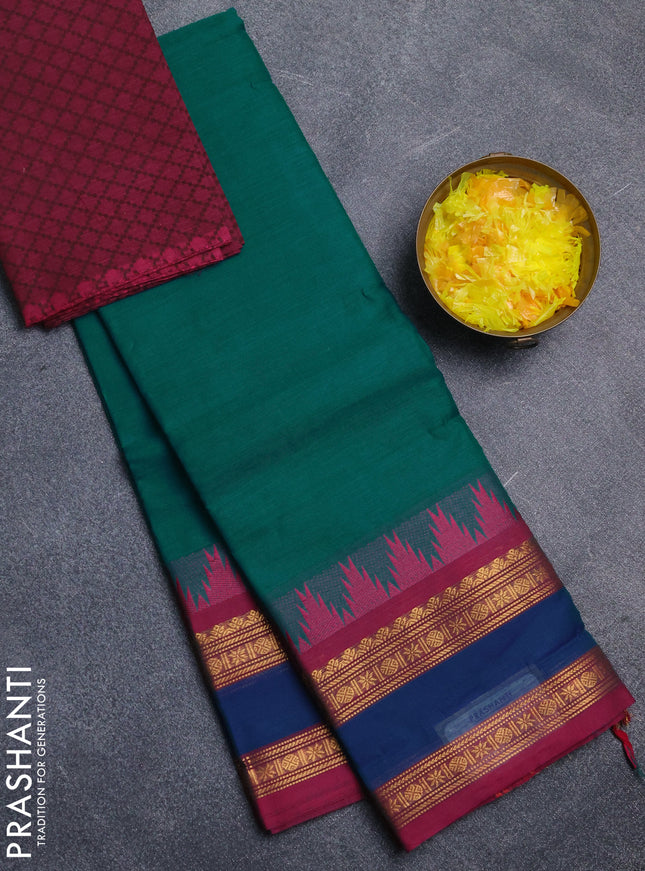 Chettinad cotton saree teal green and dark pink with plain body and temple design rettapet zari woven border