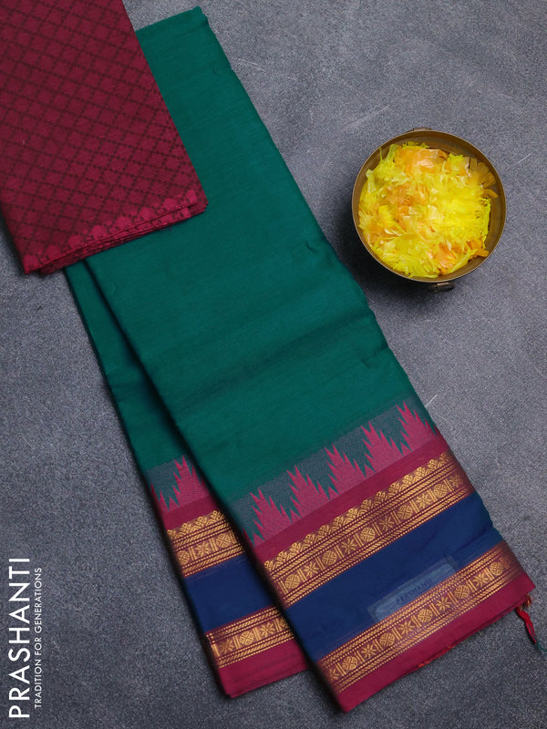 Chettinad cotton saree teal green and dark pink with plain body and temple design rettapet zari woven border