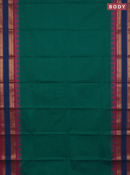 Chettinad cotton saree teal green and dark pink with plain body and temple design rettapet zari woven border