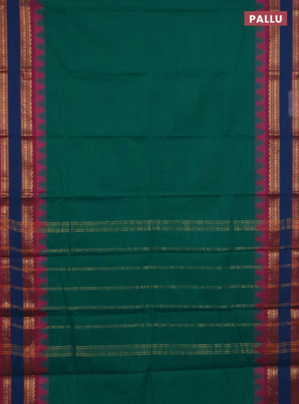 Chettinad cotton saree teal green and dark pink with plain body and temple design rettapet zari woven border