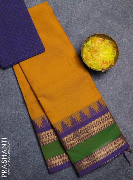 Chettinad cotton saree mustard yellow and violet with plain body and temple design rettapet zari woven border