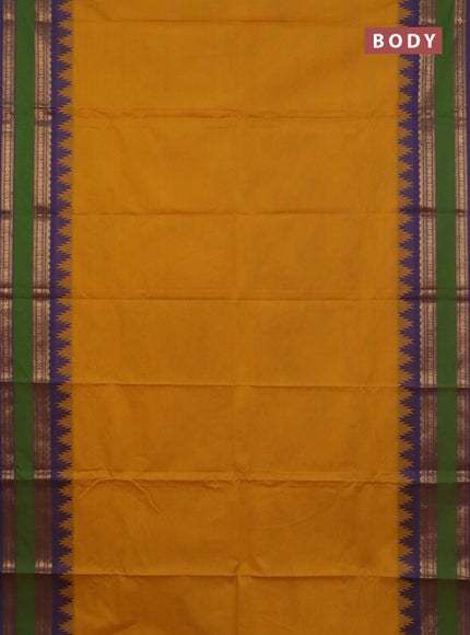 Chettinad cotton saree mustard yellow and violet with plain body and temple design rettapet zari woven border