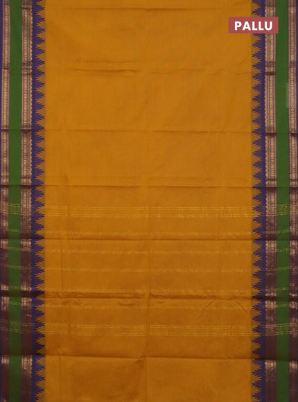 Chettinad cotton saree mustard yellow and violet with plain body and temple design rettapet zari woven border