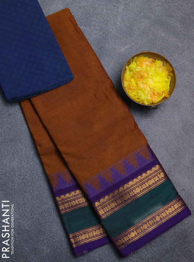 Chettinad cotton saree dark mustard and violet with plain body and temple design rettapet zari woven border