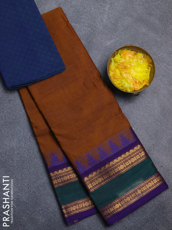 Chettinad cotton saree dark mustard and violet with plain body and temple design rettapet zari woven border