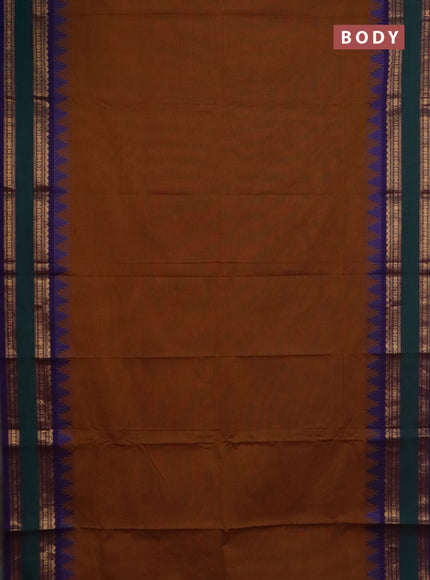 Chettinad cotton saree dark mustard and violet with plain body and temple design rettapet zari woven border
