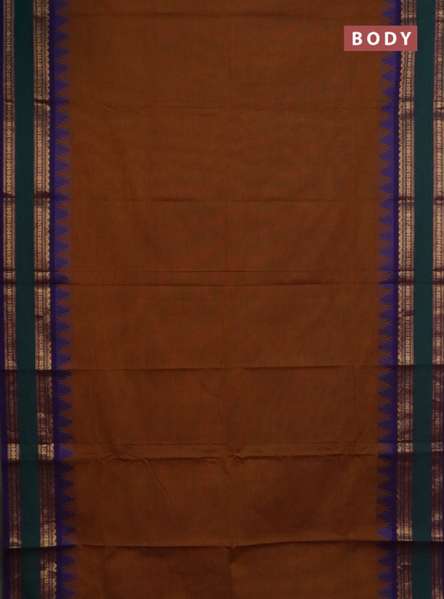 Chettinad cotton saree dark mustard and violet with plain body and temple design rettapet zari woven border