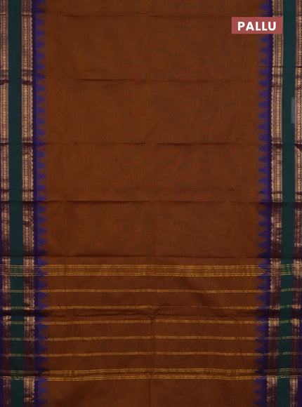 Chettinad cotton saree dark mustard and violet with plain body and temple design rettapet zari woven border