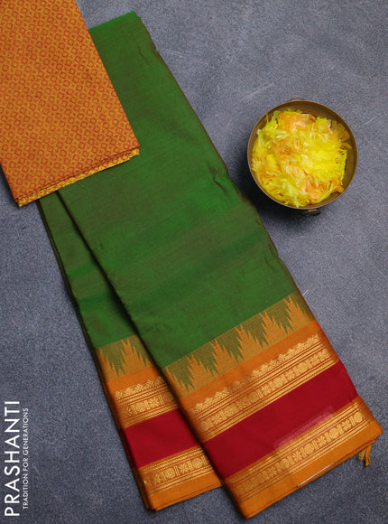 Chettinad cotton saree light green and mustard yellow with plain body and temple design rettapet zari woven border