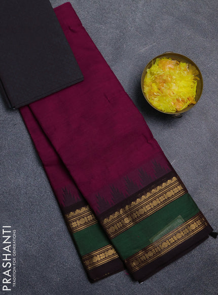 Chettinad cotton saree wine shade and coffee brown with plain body and temple design rettapet zari woven border