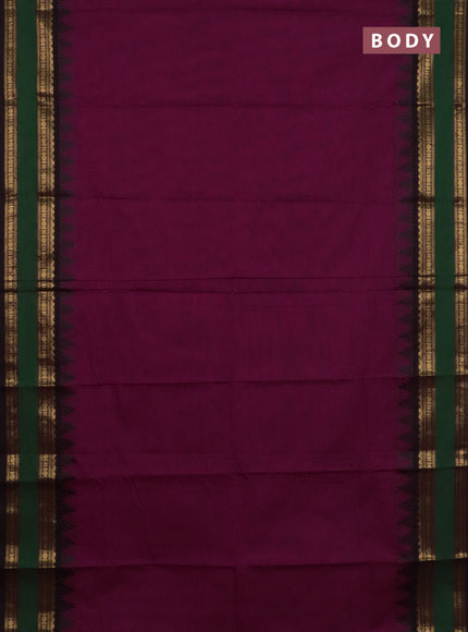 Chettinad cotton saree wine shade and coffee brown with plain body and temple design rettapet zari woven border