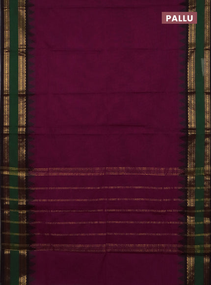 Chettinad cotton saree wine shade and coffee brown with plain body and temple design rettapet zari woven border