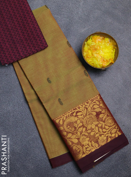 Chettinad cotton saree dual shade of greenish yellow and wine shade with thread woven buttas and long zari woven border