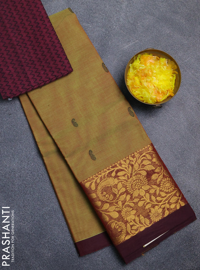 Chettinad cotton saree dual shade of greenish yellow and wine shade with thread woven buttas and long zari woven border