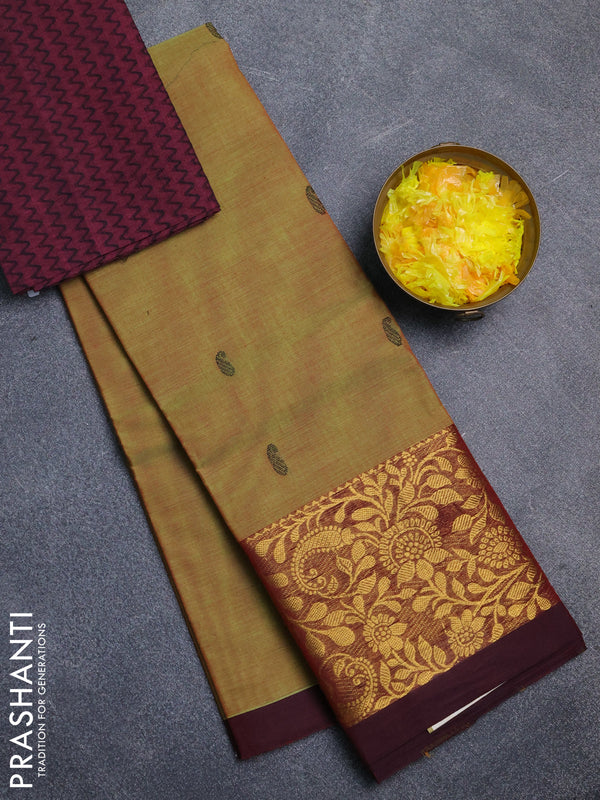 Chettinad cotton saree dual shade of greenish yellow and wine shade with thread woven buttas and long zari woven border