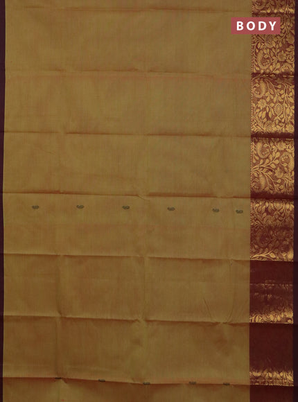 Chettinad cotton saree dual shade of greenish yellow and wine shade with thread woven buttas and long zari woven border