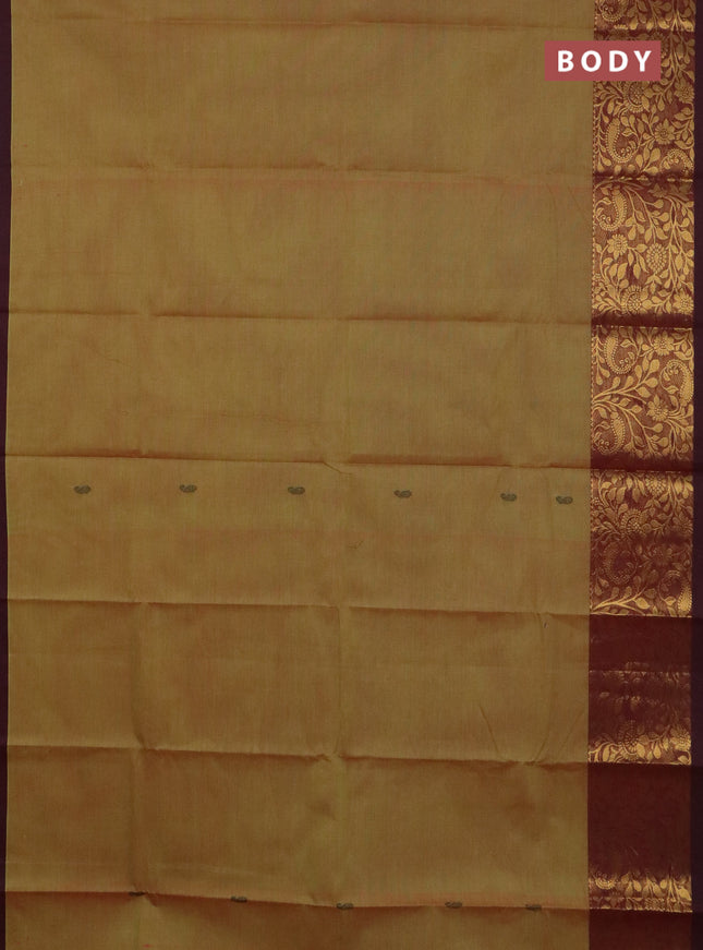 Chettinad cotton saree dual shade of greenish yellow and wine shade with thread woven buttas and long zari woven border