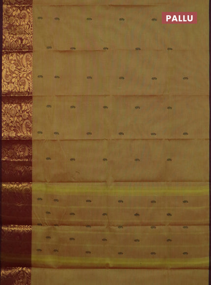 Chettinad cotton saree dual shade of greenish yellow and wine shade with thread woven buttas and long zari woven border