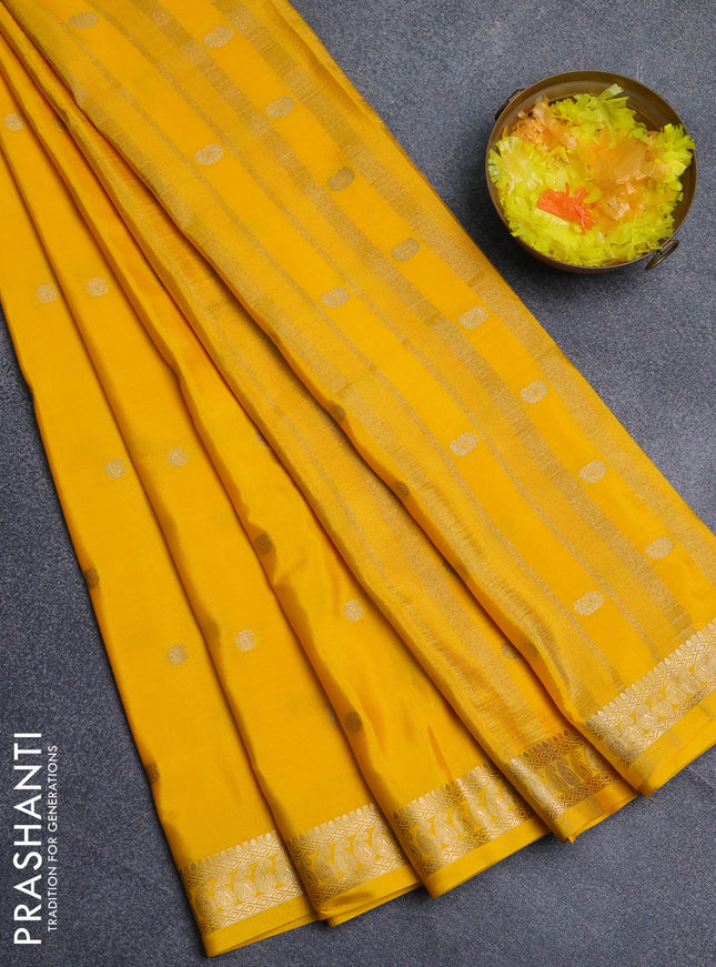 Semi mysore silk saree yellow with allover paisley zari woven buttas and zari woven border