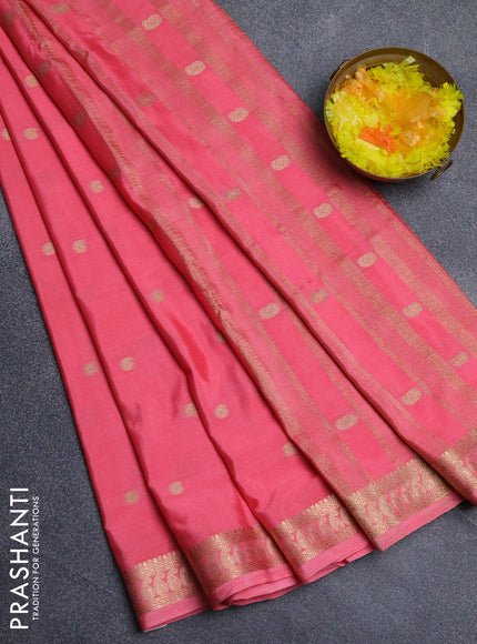 Semi mysore silk saree peach pink with allover paisley zari woven buttas and zari woven border