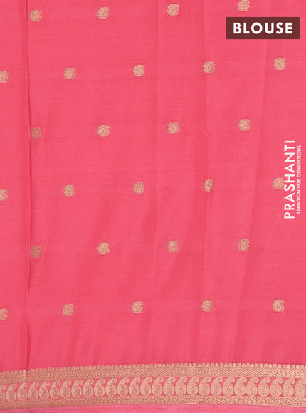 Semi mysore silk saree peach pink with allover paisley zari woven buttas and zari woven border