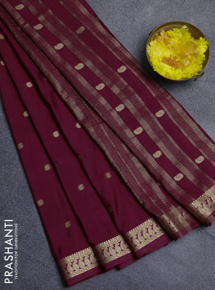 Semi mysore silk saree wine shade with allover paisley zari woven buttas and zari woven border