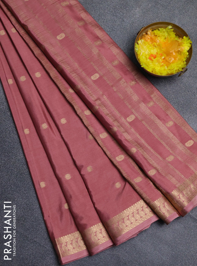 Semi mysore silk saree dark peach with allover paisley zari woven buttas and zari woven border
